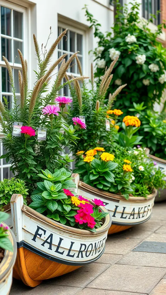 21 Creative Garden Ideas Using Used Boats 9 Colorful flower planters made from repurposed boat hulls displaying vibrant flowers and greenery.