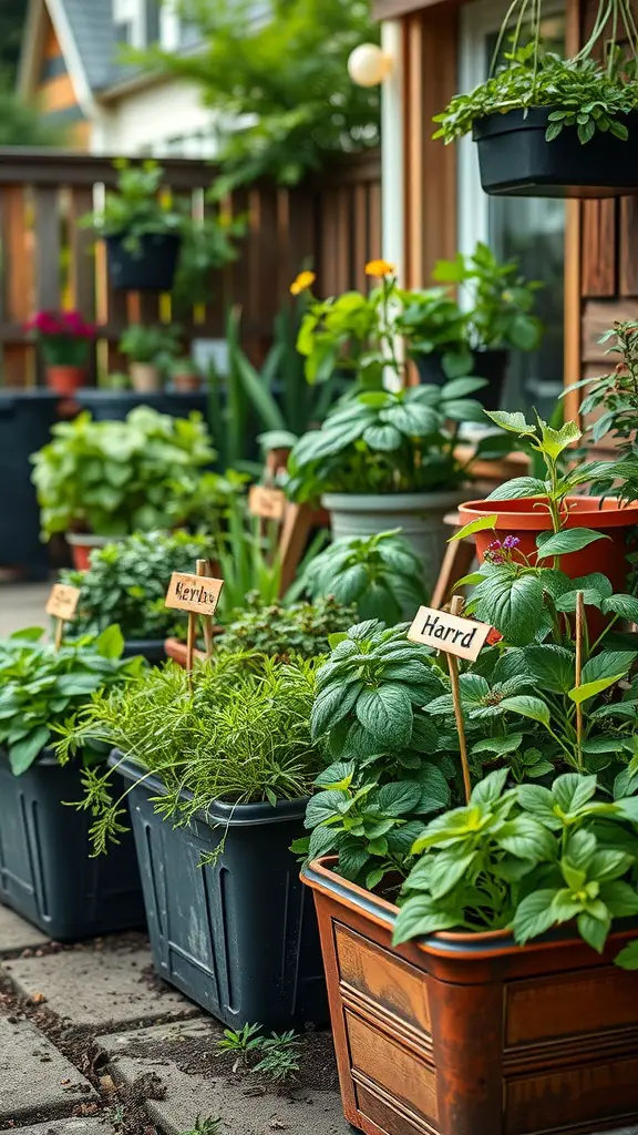 19 Stunning Backyard Oasis Ideas on a Budget 5 An assortment of herbs in pots with labels, showcasing a low-maintenance herb garden.