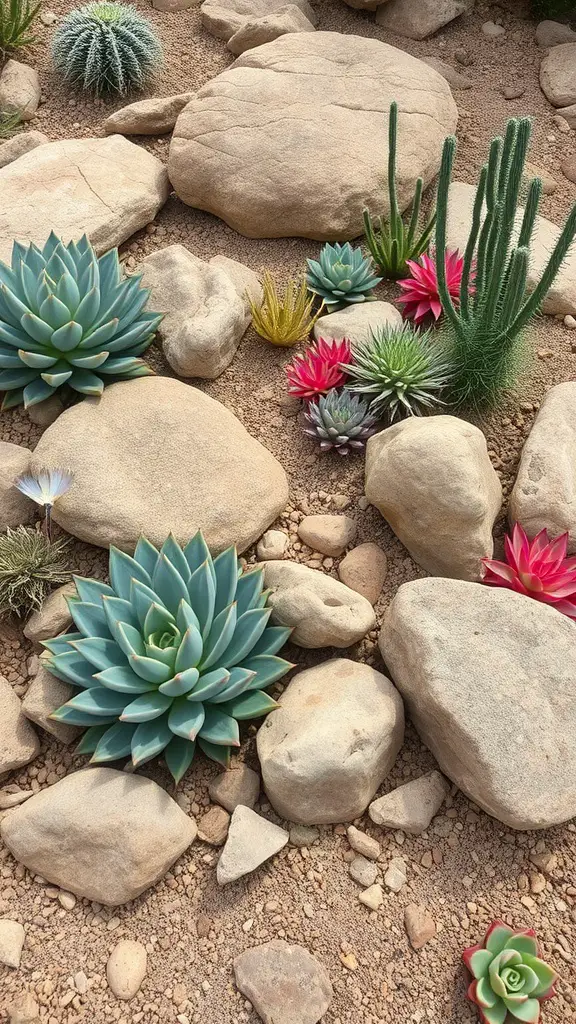 21 Stunning Landscaping Ideas Featuring Large Rocks 9 A landscape featuring various succulents among large stones, showcasing a natural and colorful arrangement.