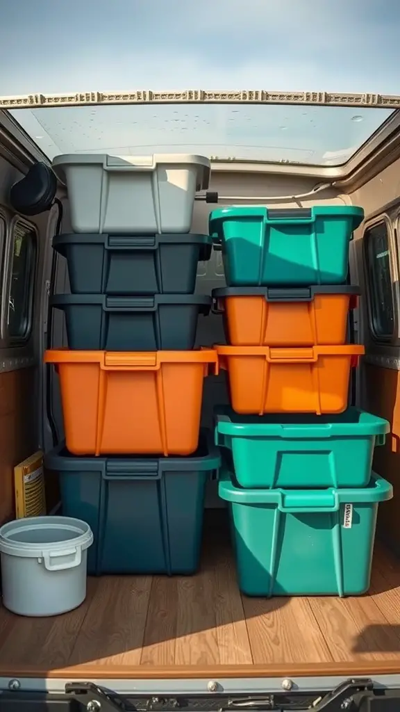 19 Clever Camper Storage Ideas for Your Next Adventure 14 Colorful plastic bins stacked neatly in a camper, showcasing organized storage solutions.