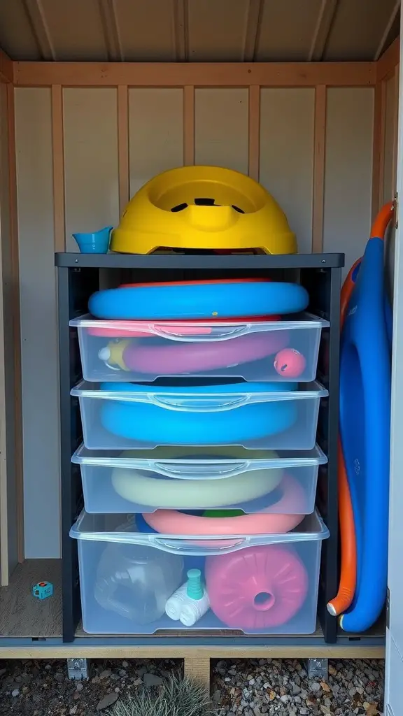 15 Creative Pool Toy Storage Ideas to Keep Your Backyard Organized 15 Organized plastic drawers containing colorful pool toys in a storage shed.
