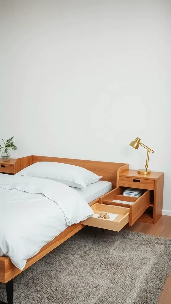 A modern platform bed with drawers in a warm wood finish, paired with a matching nightstand and a cozy white bedding set.