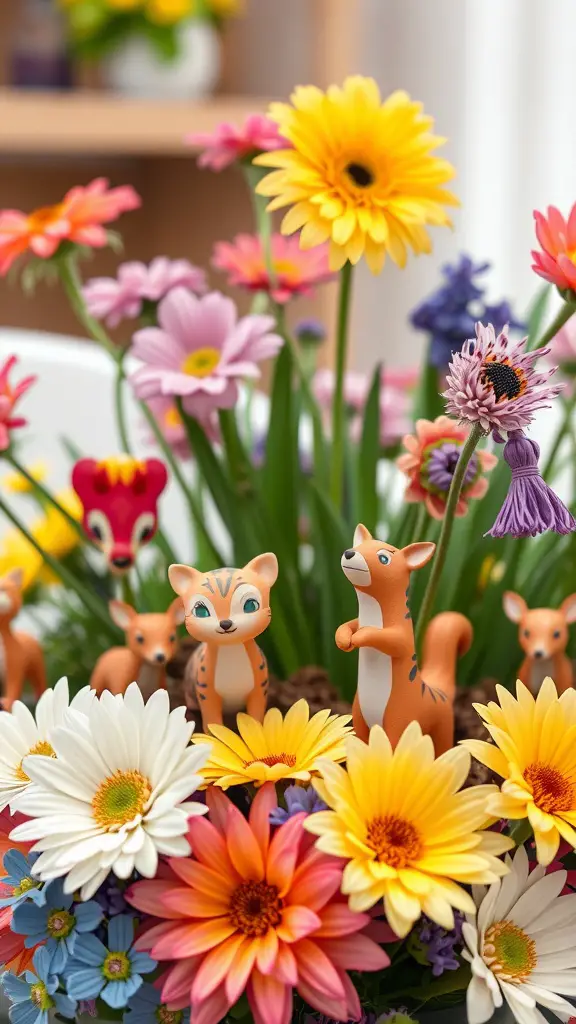 A colorful centerpiece featuring playful animal figurines among bright flowers.