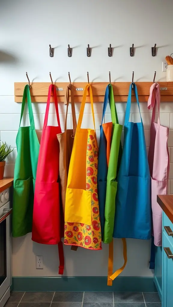 27 Whimsical Kitchen Ideas to Transform Your Cooking Space 6 A collection of colorful aprons hanging on hooks in a kitchen.