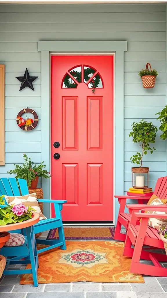 13 Stunning Front Door Color Ideas to Transform Your Home 2 A vibrant coral front door with a round window, surrounded by blue and red chairs, greenery, and colorful decor.