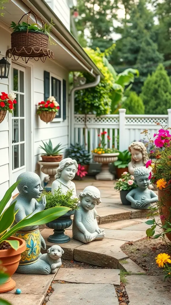 A charming back patio featuring playful garden statues among vibrant flowers and greenery.