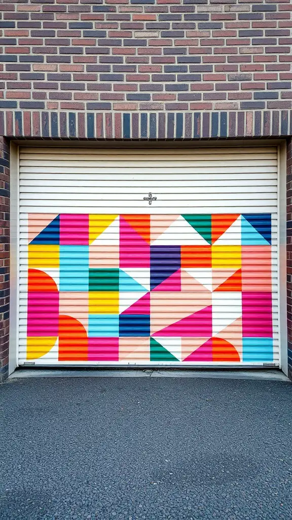 A garage door painted with colorful geometric patterns including triangles, circles, and stripes.