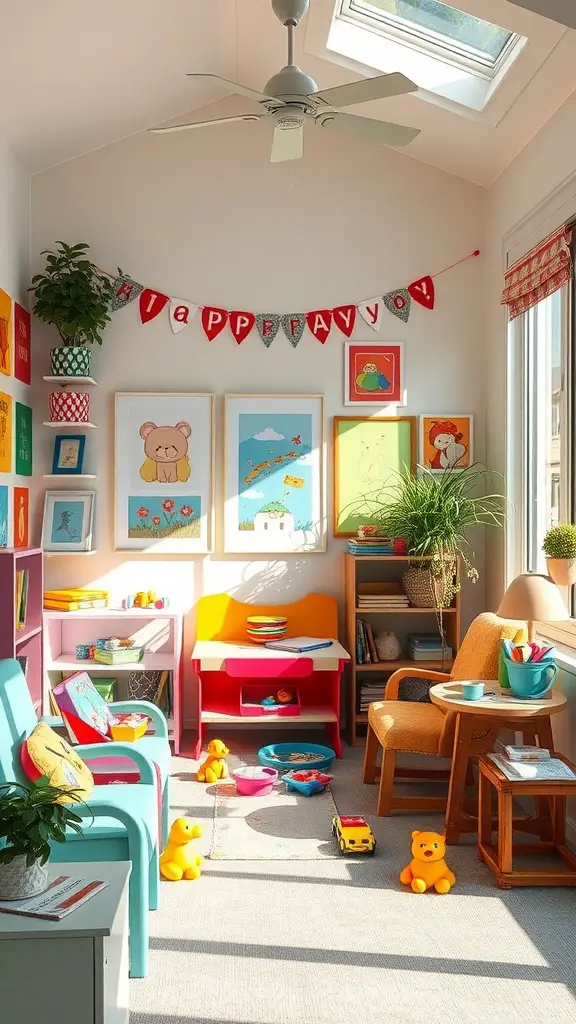 A colorful kids' corner in a sunroom featuring playful artwork, cheerful decor, and toys.