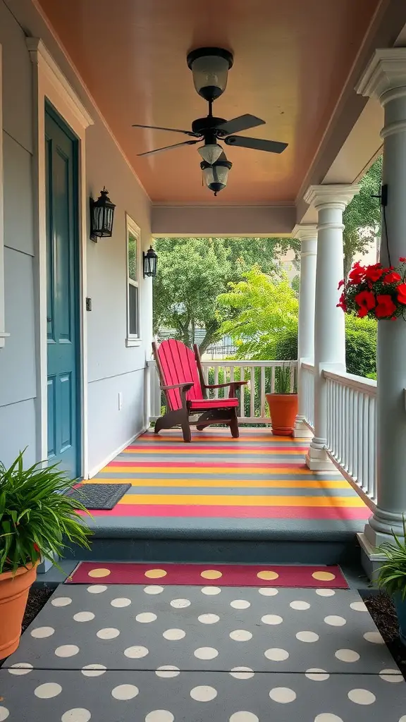 A colorful porch featuring striped and dotted painted concrete, with a red chair and potted plants.