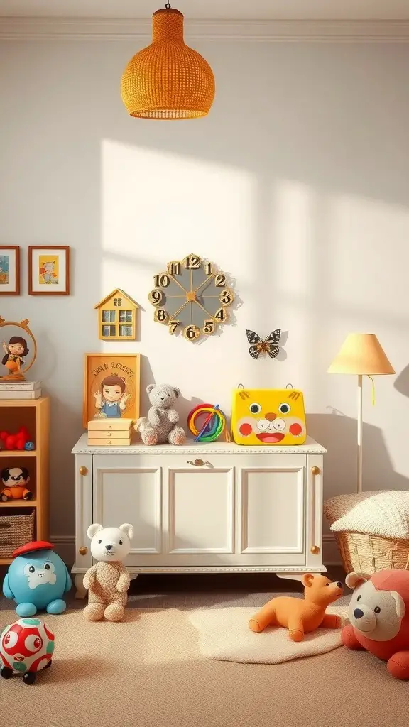 A bright playroom featuring a decorative toy chest, colorful toys, and cheerful decor.