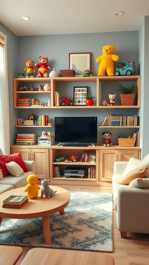 25 Creative Living Room Toy Storage Ideas for a Clutter-Free Space 13 Colorful toy display on wooden shelving units in a cozy living room.