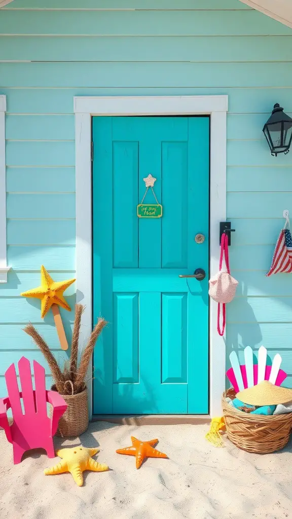 A turquoise door with a starfish decoration, surrounded by playful beach-themed decor.