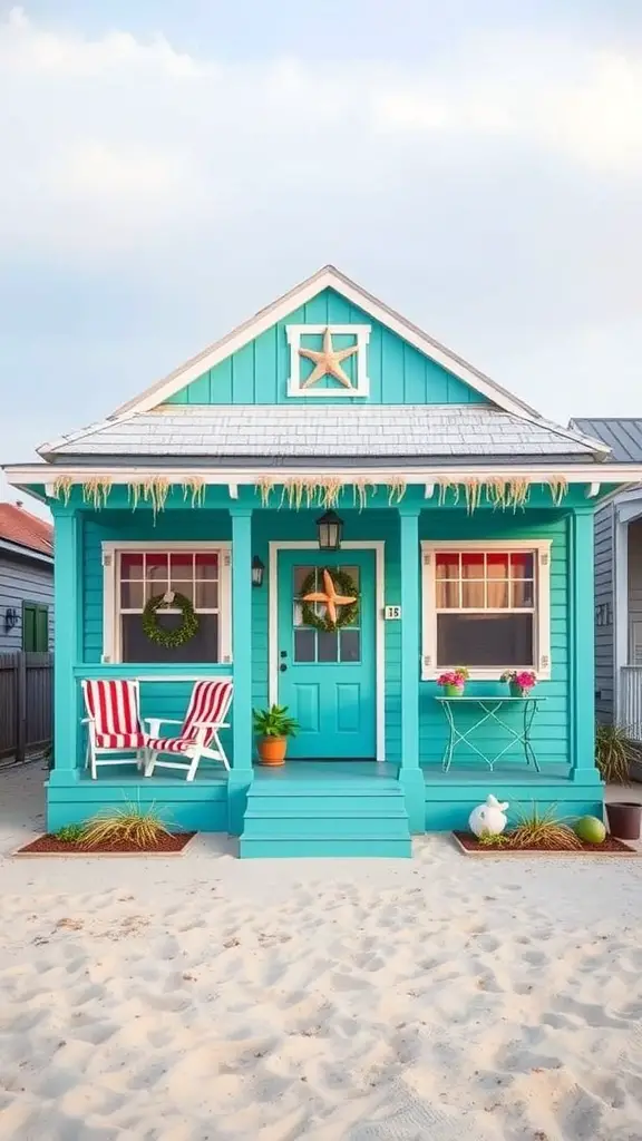 19 Beautiful Exterior House Colors to Transform Your Home 17 A charming turquoise beach house with white trim, red and white striped chairs, and a sandy front yard.