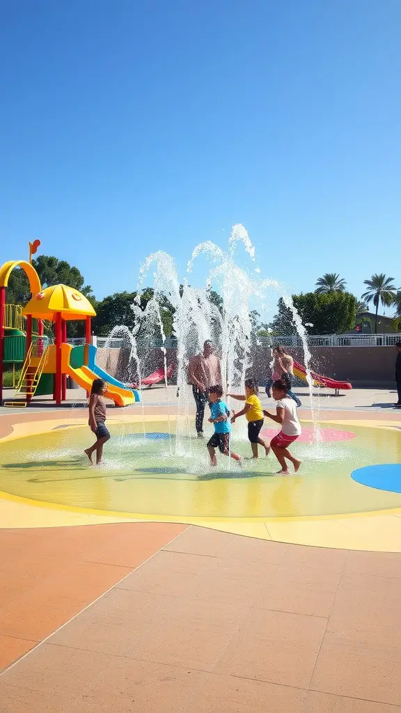 23 Creative Playground Landscaping Ideas for Endless Fun 11 Children playing in a colorful splash zone with water features in a playground