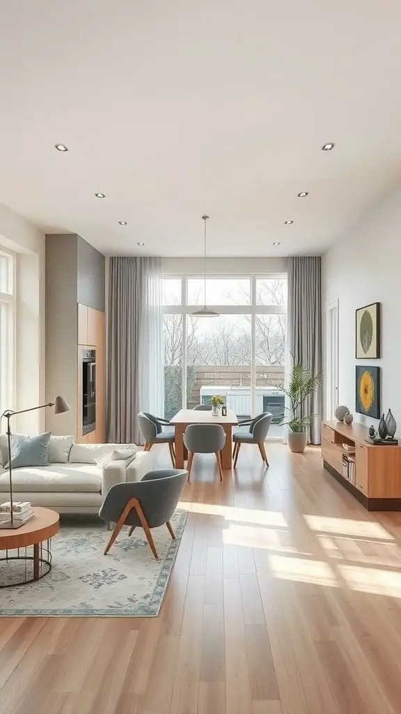 23 Stunning Open Kitchen Ideas for a Modern Home 17 A modern open floor plan showcasing a bright living area with a cozy sofa, dining table, and large windows