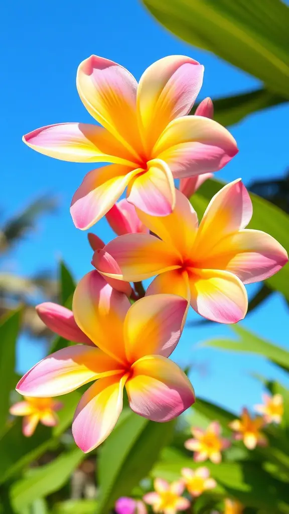 21 Stunning Tropical Garden Plants You Need to Grow 8 Close-up of vibrant yellow and pink plumeria flowers against a blue sky.
