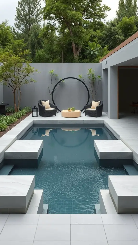 Modern plunge pool with built-in benches surrounded by greenery