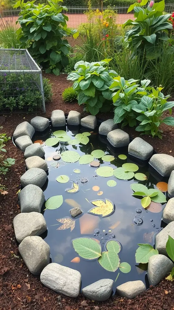 17 Creative Garden Pond Ideas to Enhance Your Outdoor Space 16 A small pond surrounded by leafy plants in a vegetable garden.