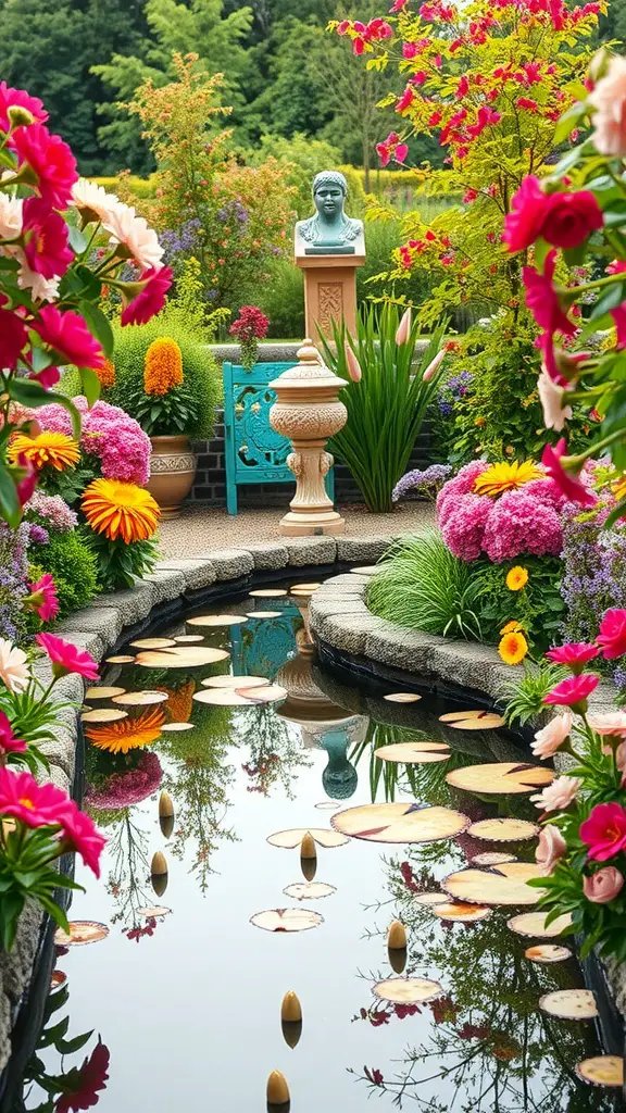 17 Creative Garden Pond Ideas to Enhance Your Outdoor Space 15 A garden pond surrounded by vibrant flowers and a decorative bust