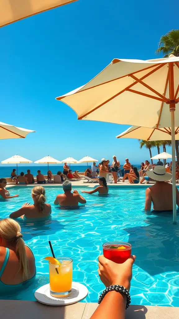 A lively poolside party with guests enjoying drinks and sunshine.