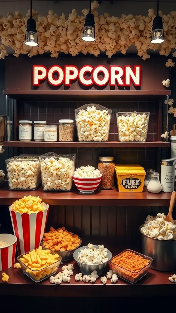 19 Creative Ideas for Epic Backyard Movie Nights 5 A vibrant popcorn bar with various toppings for a backyard movie night.