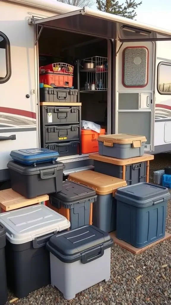 19 Clever Camper Storage Ideas for Your Next Adventure 10 A variety of stacked storage containers outside a camper, showcasing portable camping storage solutions.