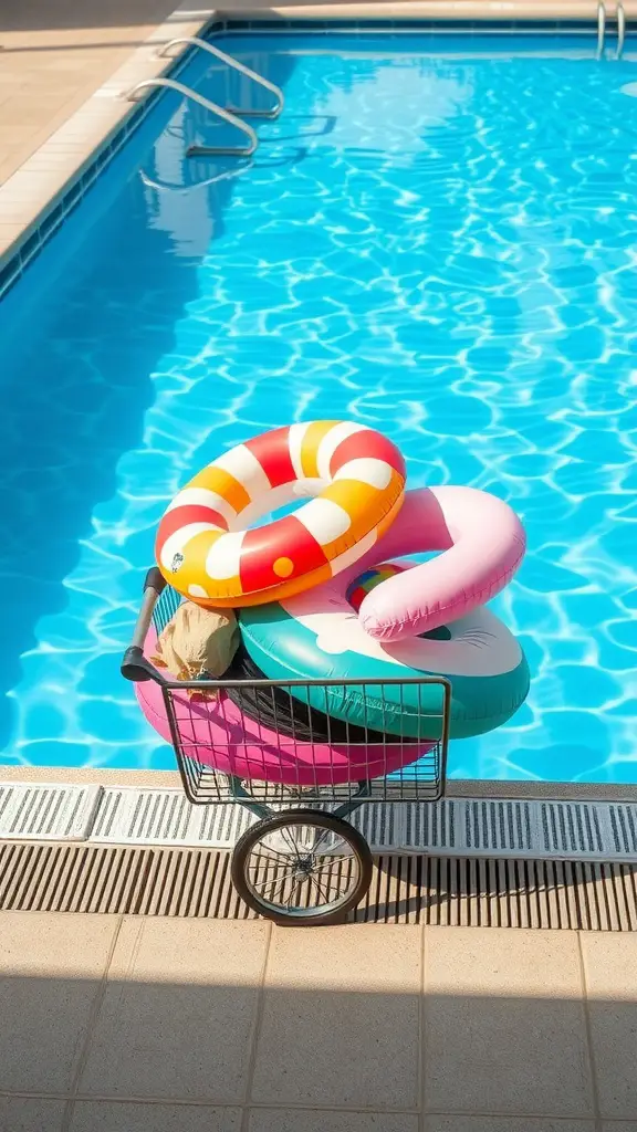 19 Creative Pool Float Storage Ideas You'll Love 11 Colorful pool floats stacked in a portable cart beside a clear blue pool.
