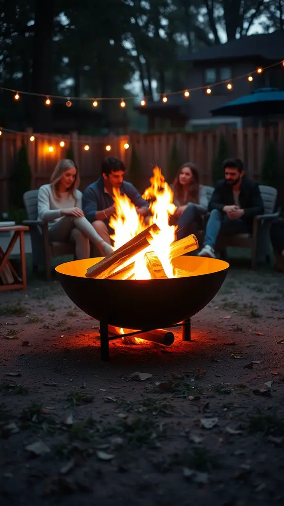 A portable fire pit surrounded by a group of friends in a backyard setting, with string lights overhead.