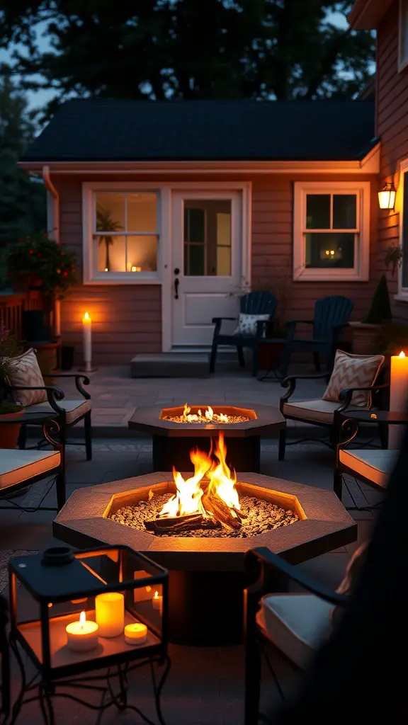 23 Affordable Backyard Patio Ideas to Transform Your Outdoor Space 9 A cozy backyard patio setup featuring a portable fire pit surrounded by seating and soft lights.