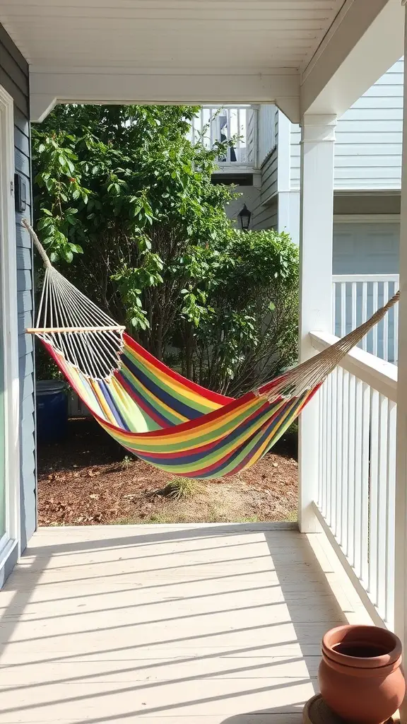 21 Charming Small Back Porch Ideas to Transform Your Outdoor Space 17 A colorful portable hammock hanging on a small back porch, surrounded by greenery.