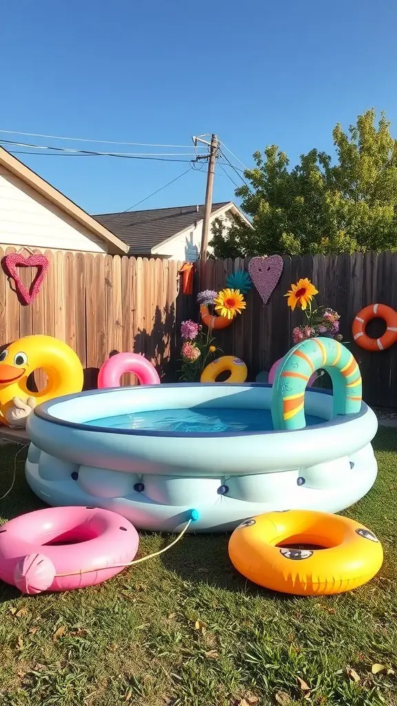 A colorful portable inflatable pool surrounded by bright inflatable rings and decorations in a backyard.