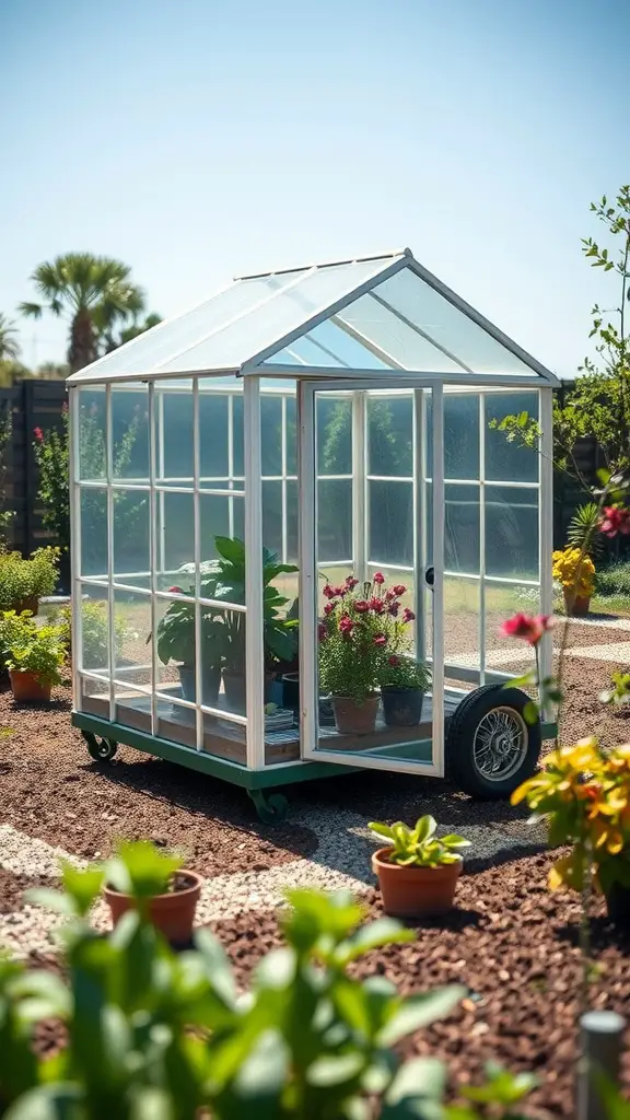 21 Creative Mini Greenhouse Ideas to Maximize Your Gardening Space 5 A portable mini greenhouse on wheels in a garden, surrounded by potted plants.