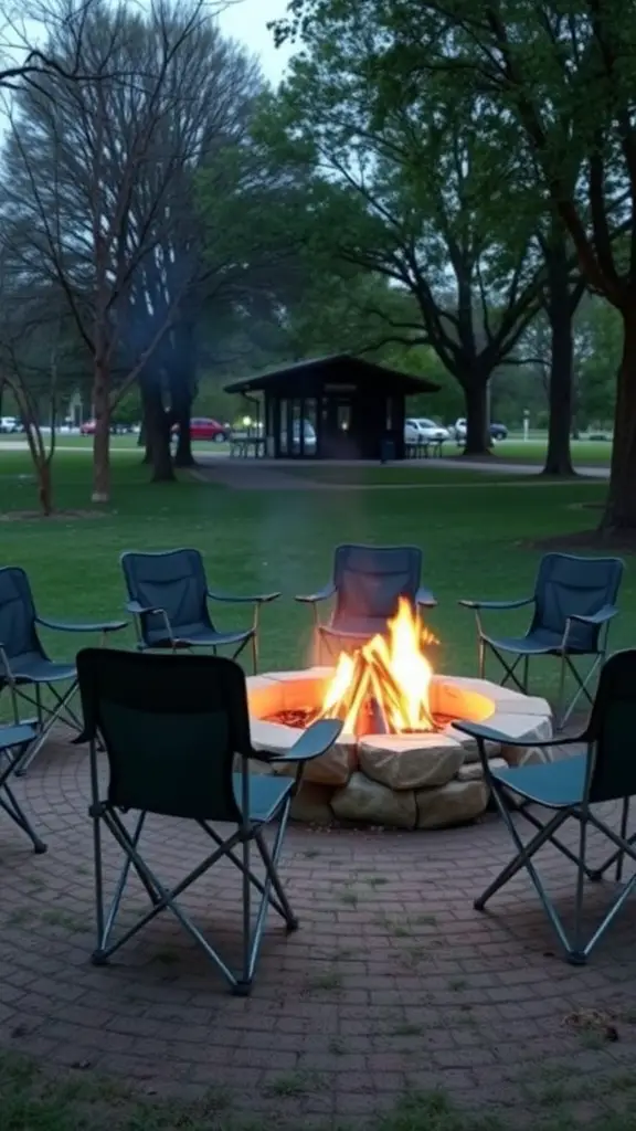 19 Stylish Outdoor Fire Pit Seating Ideas for Cozy Gatherings 12 A fire pit surrounded by portable folding chairs in a park setting.