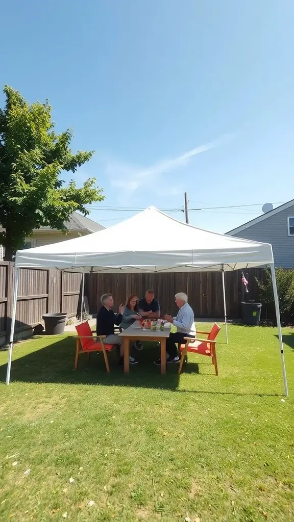 A group of four people sitting at a table under a portable shade canopy in a backyard.