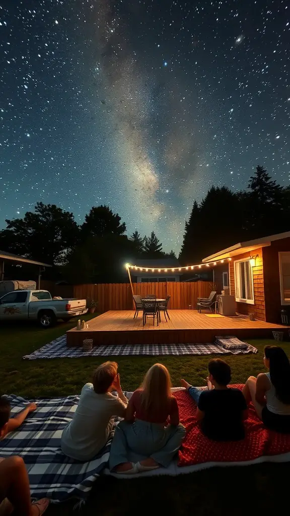 19 Creative Ideas for Epic Backyard Movie Nights 17 A group of people enjoying stargazing after a backyard movie night, with a clear starry sky above.