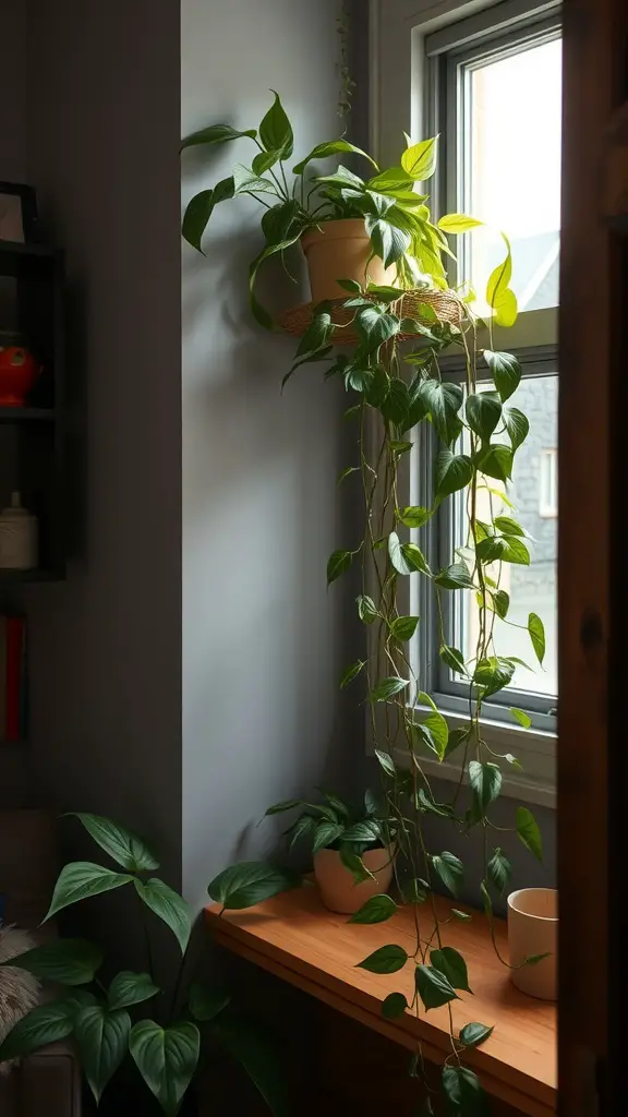 A pothos plant with long trailing vines is hanging by a window, surrounded by other plants on a wooden shelf.