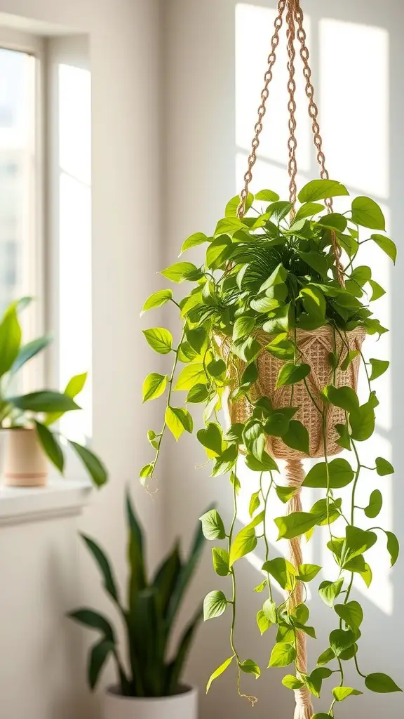 15 Stunning Indoor Hanging Plants to Transform Your Space 10 A vibrant pothos plant hanging in a well-lit room, showcasing its trailing vines and glossy leaves.