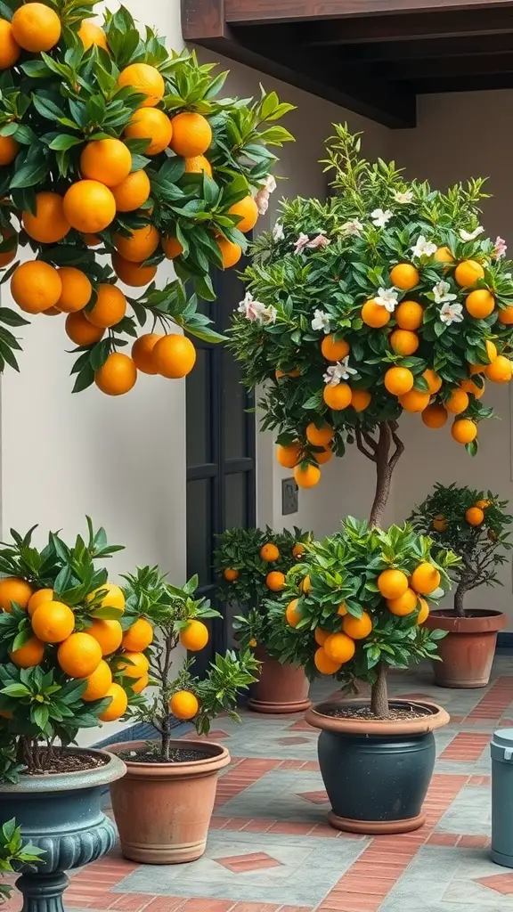 23 Charming French Patio Ideas to Transform Your Outdoor Space 14 Several potted citrus trees with bright orange fruits on a patio
