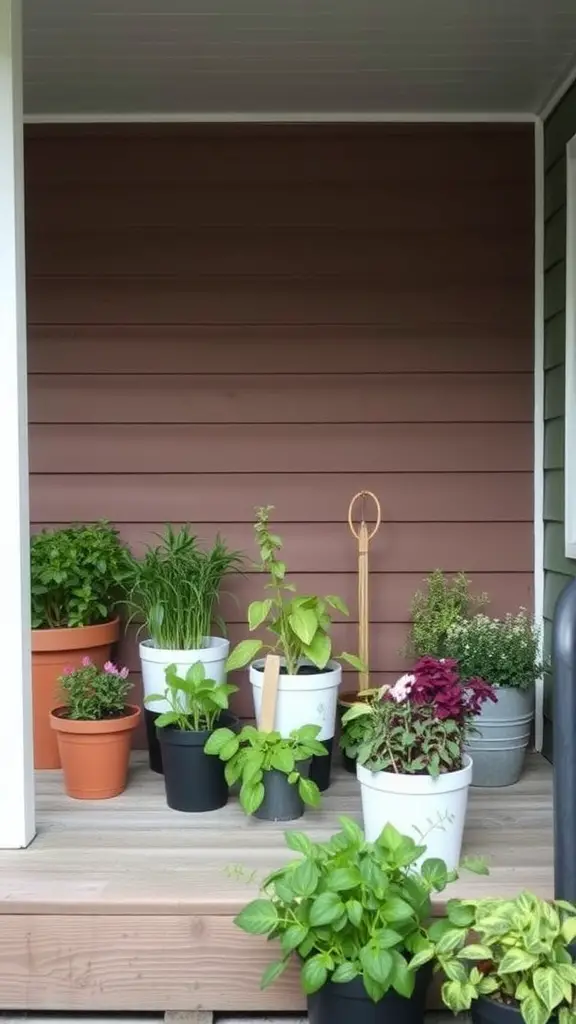 21 Charming Small Back Porch Ideas to Transform Your Outdoor Space 9 A variety of potted herbs on a small back porch, showcasing colorful pots and greenery.