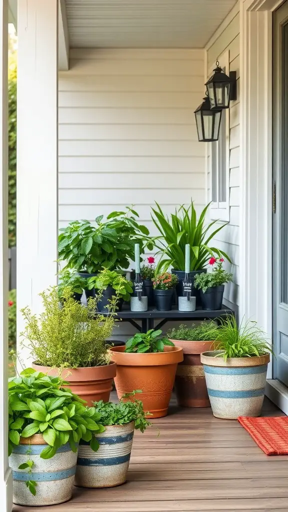 A porch with various potted herbs, creating a lush and inviting atmosphere.