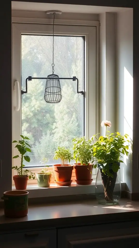 A bright kitchen windowsill with various potted herbs like basil, rosemary, and mint.