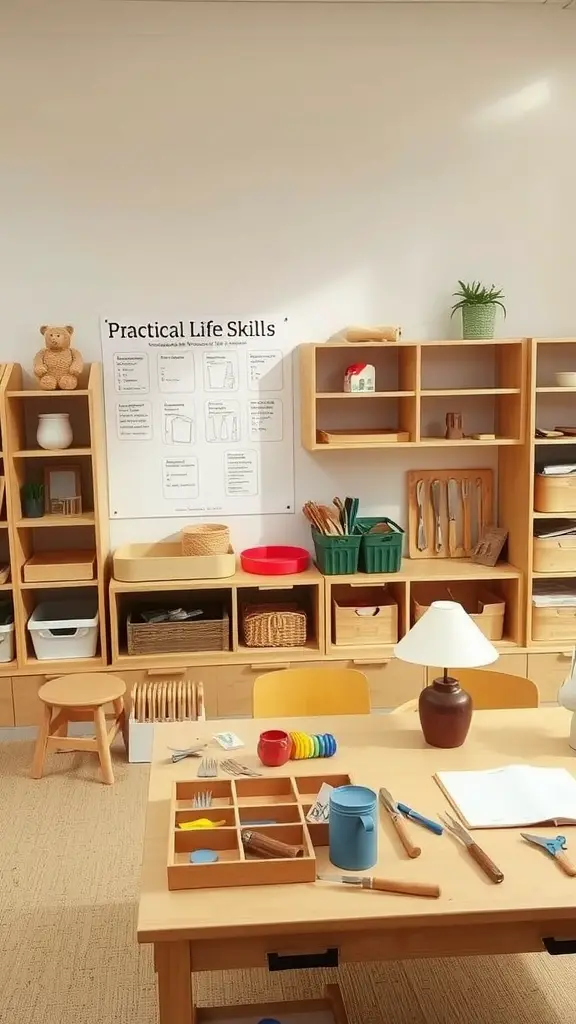 21 Inspiring Montessori Room Ideas for Creative Spaces 5 A Montessori classroom with a Practical Life Skills Zone featuring various tools, utensils, and learning materials.
