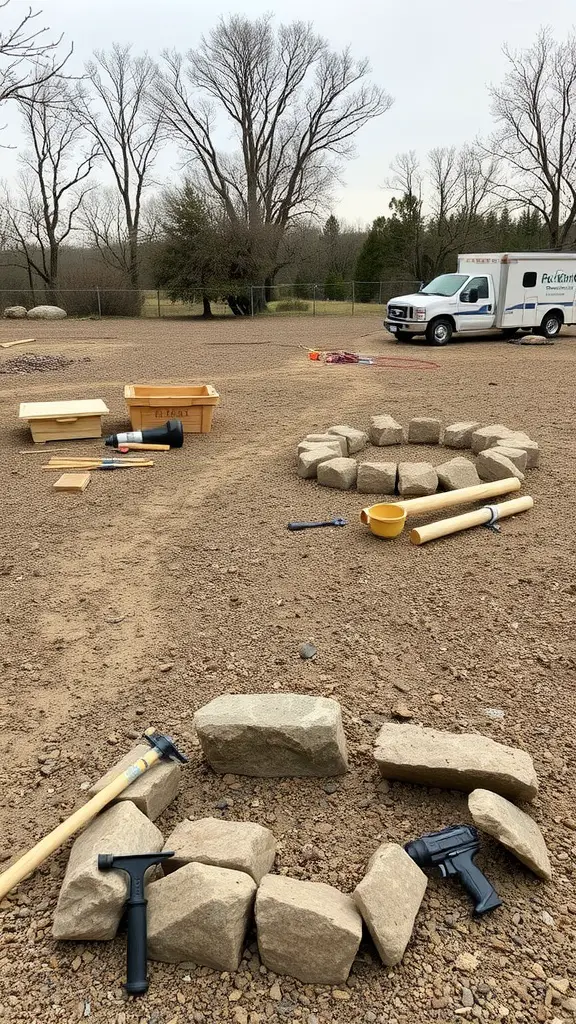 15 Innovative Dry Rock Bed Ideas for Effective Drainage Solutions 6 An outdoor area with tools and rocks arranged for creating a dry rock bed.