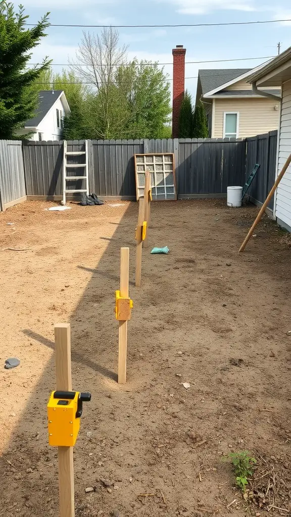 15 Creative DIY Ideas for a Stunning Pallet Deck 6 An outdoor space prepared for deck installation, featuring wooden posts in the ground.