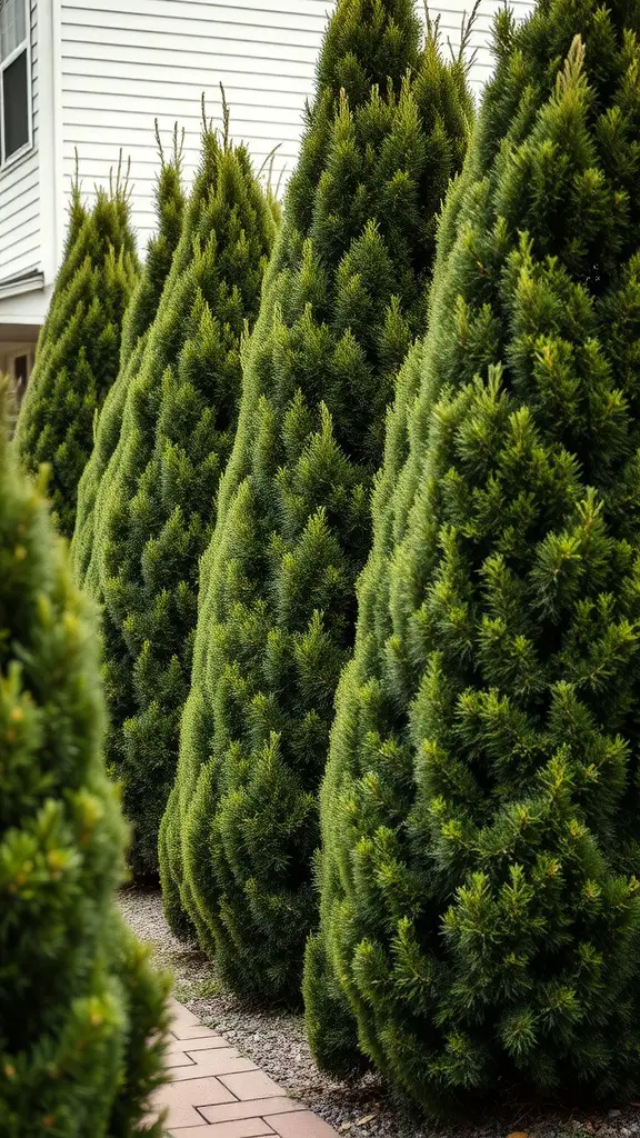 19 Stunning Small Front Yard Landscaping Ideas 17 A row of tall, green shrubs lining a walkway, providing privacy and enhancing curb appeal.