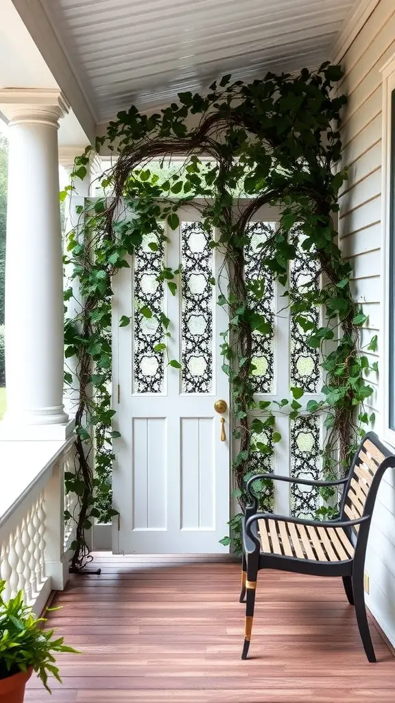 21 Charming Small Back Porch Ideas to Transform Your Outdoor Space 13 A back porch with a white door surrounded by climbing vines and a chair