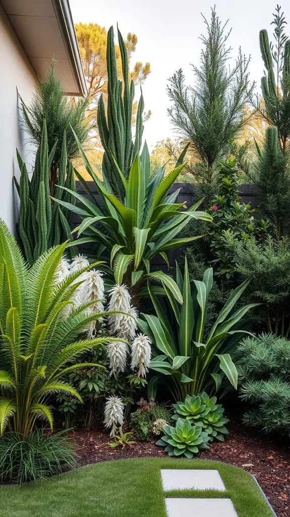 19 Modern Backyard Landscaping Ideas to Transform Your Outdoor Space 14 Backyard landscape featuring tall plants, ferns, and succulents creating a natural privacy screen.