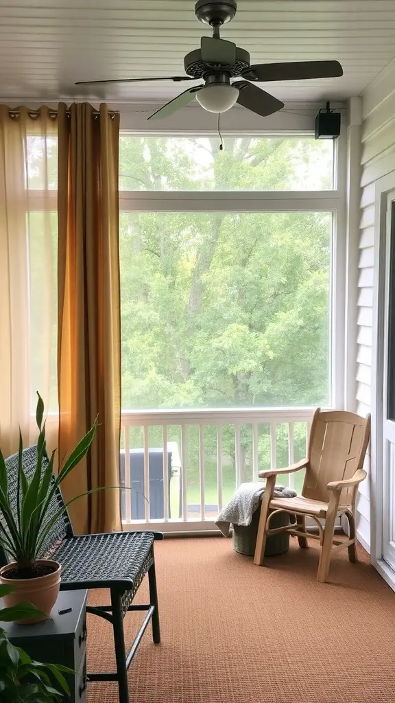 Cozy screened-in porch with a fan, curtains, and plants