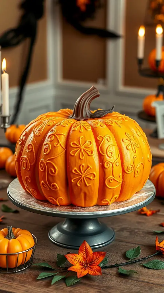 15 Adorable Ideas for a Pumpkin Baby Shower Theme 11 A beautifully decorated pumpkin-shaped cake surrounded by mini pumpkins and flowers.