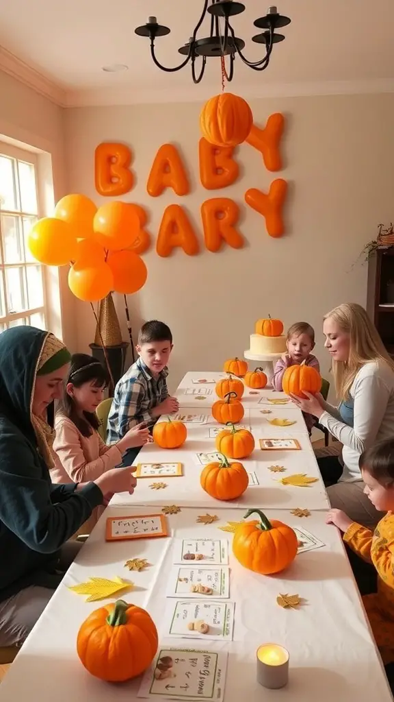 15 Adorable Ideas for a Pumpkin Baby Shower Theme 9 A cozy pumpkin-themed baby shower with guests playing games at a decorated table.